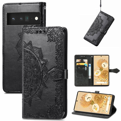 Black embossed mandala flip phone case wallet with card slots and lanyard