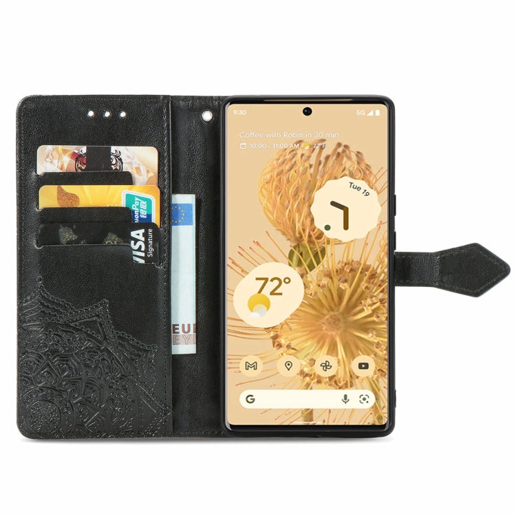 Black flip wallet phone case with card slots, magnetic closure, and lanyard loop