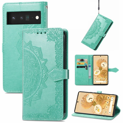 Light teal embossed mandala flip phone case wallet with card slots and lanyard
