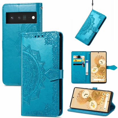 Blue embossed mandala flip phone case wallet with card slots and lanyard