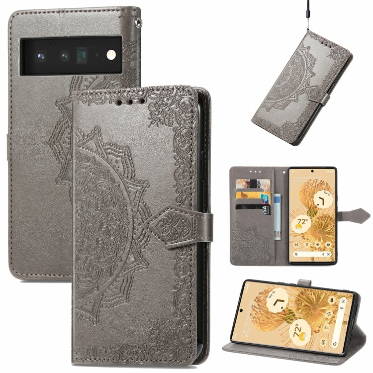 Gray embossed mandala flip phone wallet case with card slots and lanyard holder