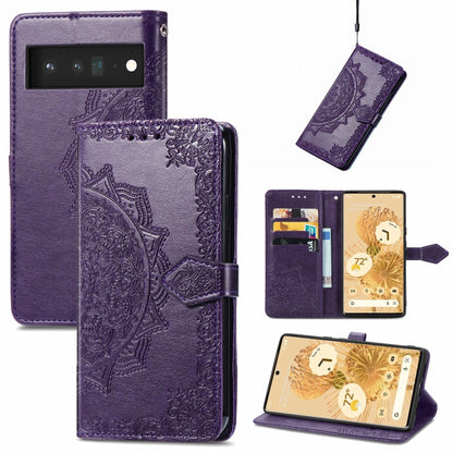 Purple embossed mandala flip phone wallet case with card slots and lanyard holder