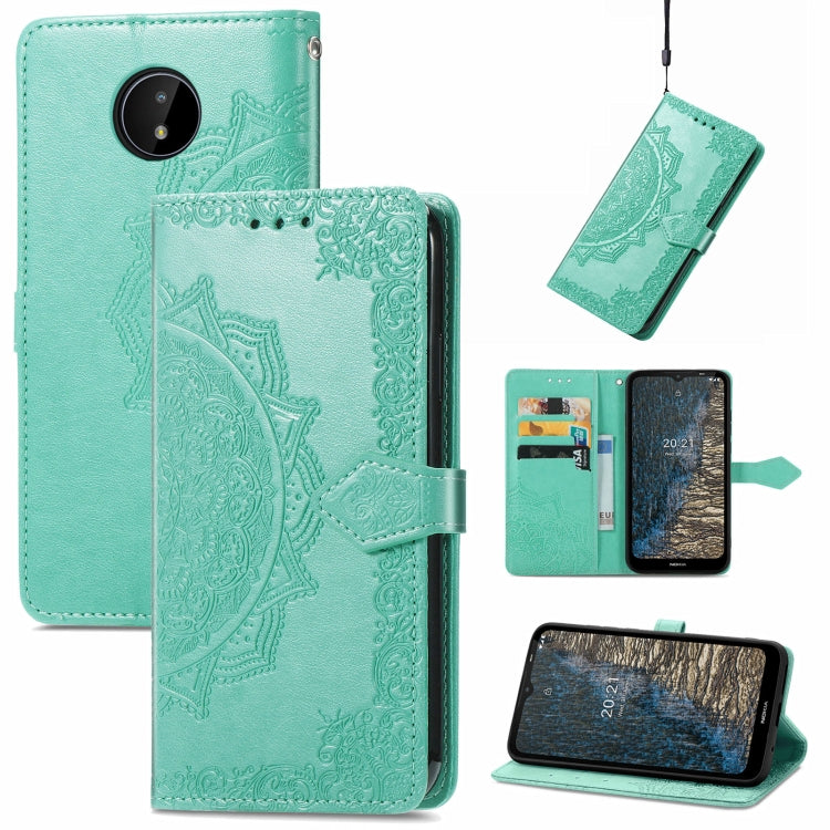 Teal embossed mandala flip phone case wallet with card slots and lanyard loop