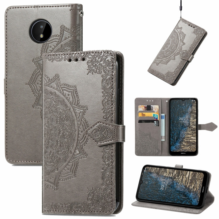 Gray embossed mandala flip phone wallet case with card slots and lanyard holder