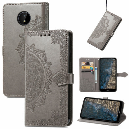 Gray embossed mandala flip phone wallet case with card slots and lanyard holder