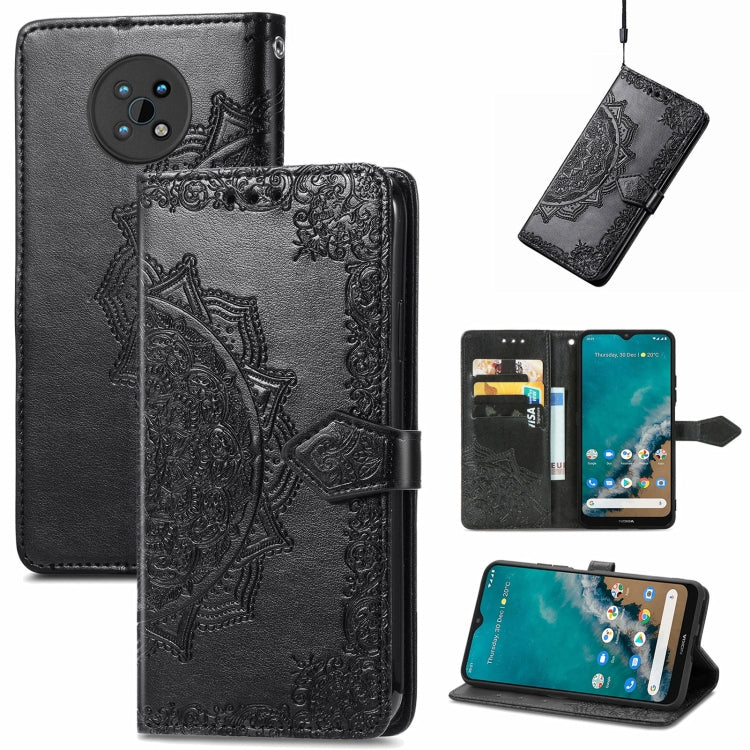 Black embossed mandala flip phone wallet case with card slots and lanyard holder