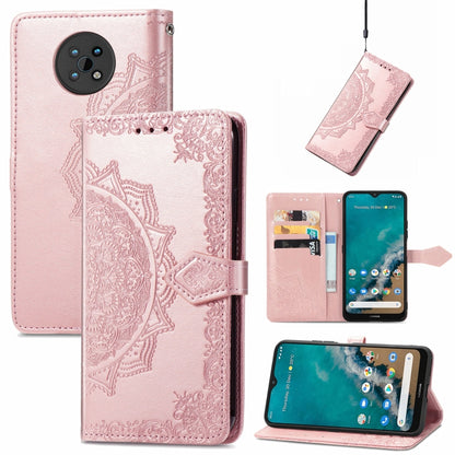 Pink embossed mandala flip phone wallet case with card slots and lanyard holder