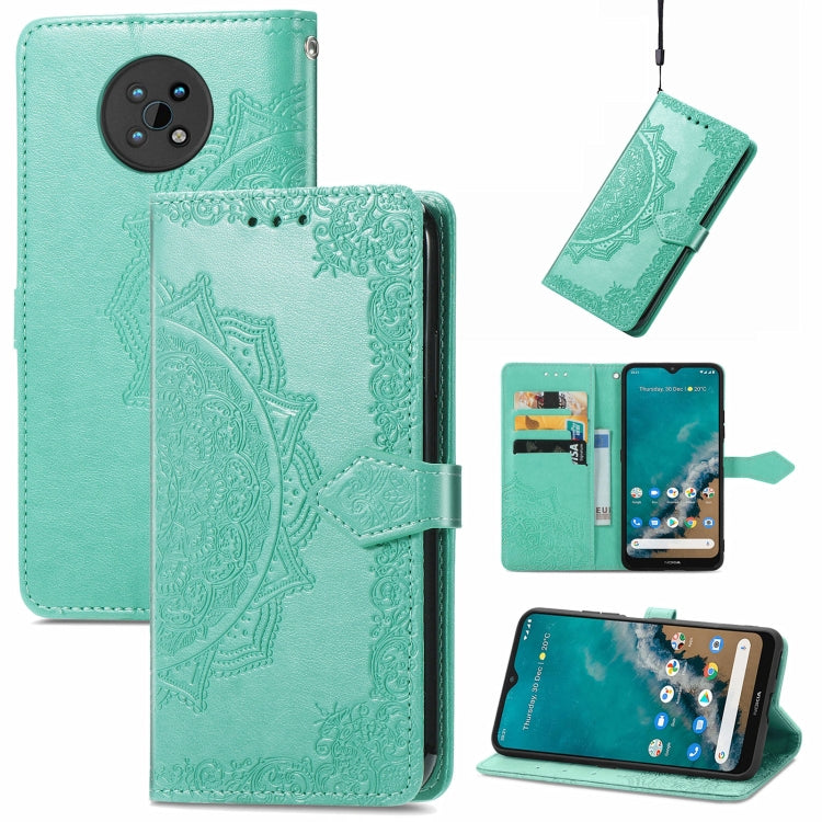 Mint green embossed mandala flip phone wallet case with card slots and lanyard holder