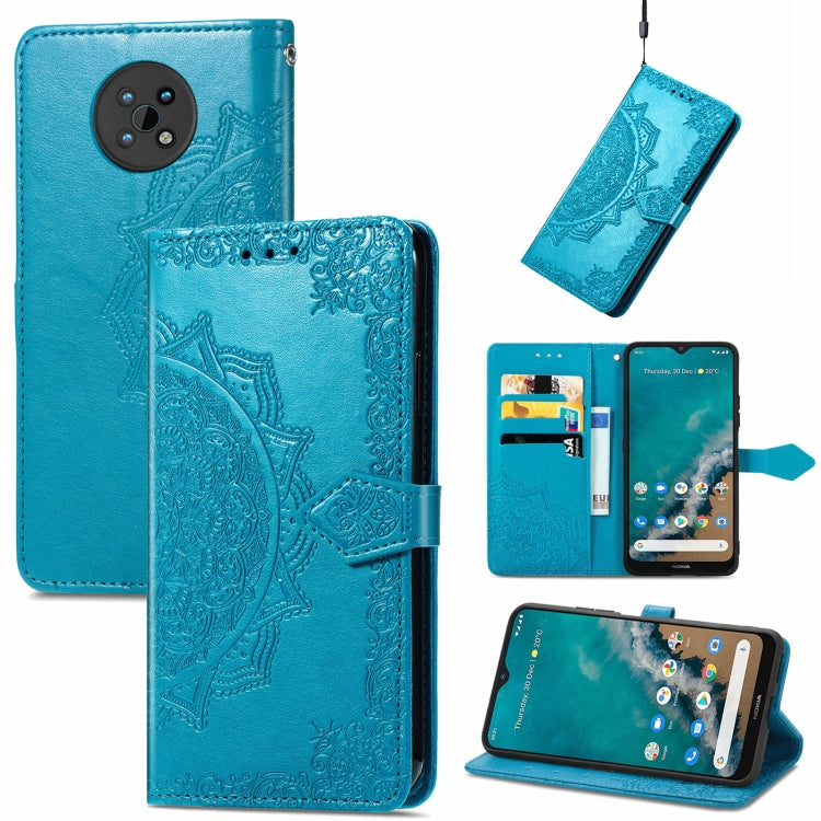 Blue embossed mandala flip phone wallet case with card slots and lanyard holder