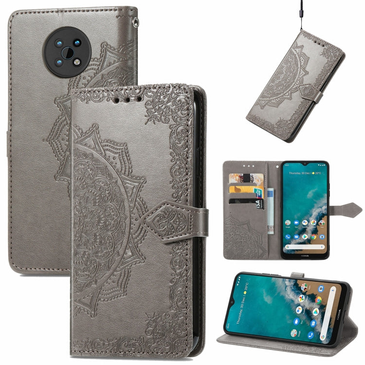 Gray embossed mandala flip phone wallet case with card slots and lanyard holder