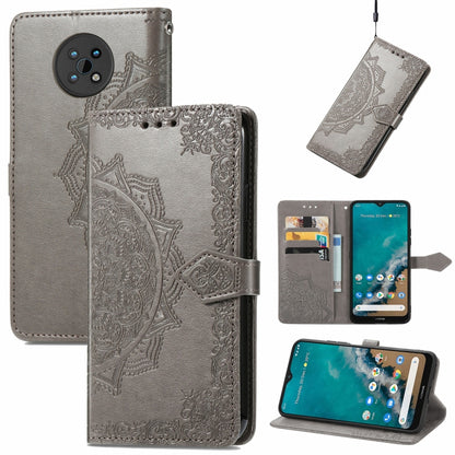 Gray embossed mandala flip phone wallet case with card slots and lanyard holder