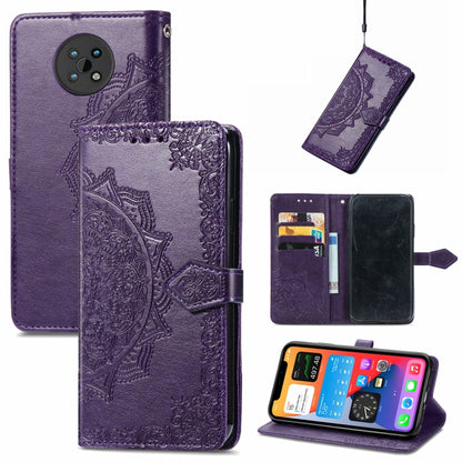 Mandala embossed purple leather folio phone case with card slots and lanyard