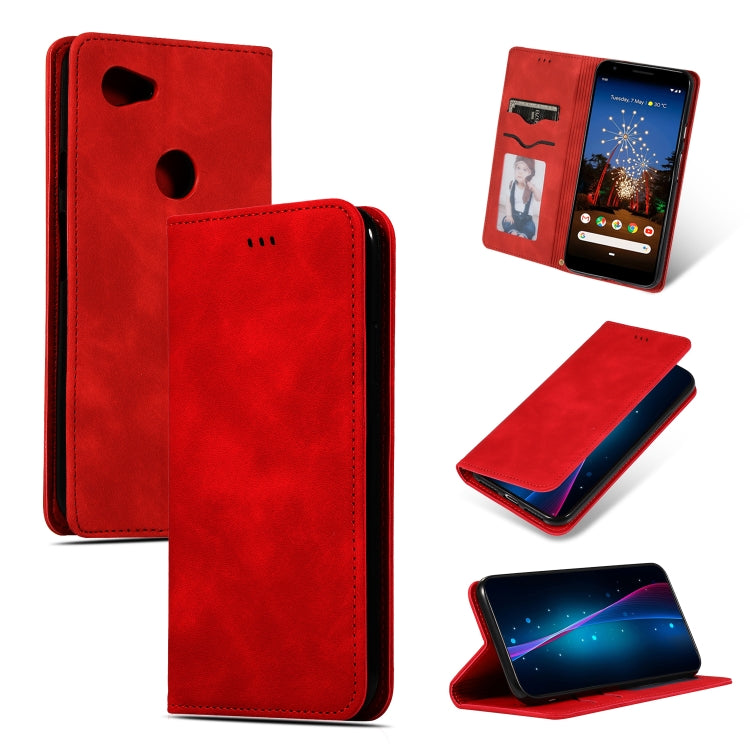 Red leather magnetic flip wallet case with card window and cutouts for Pixel 3A XL