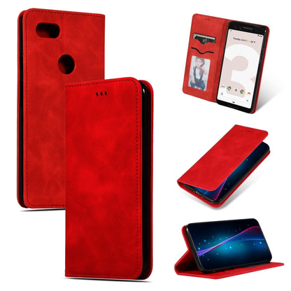 Red flip leather wallet case for Google Pixel 3, phone stand view, magnetic closure