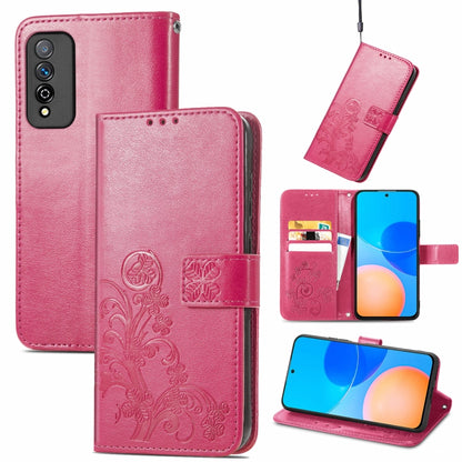 Magenta leather wallet phone case with embossed floral pattern, card slots, lanyard, stand