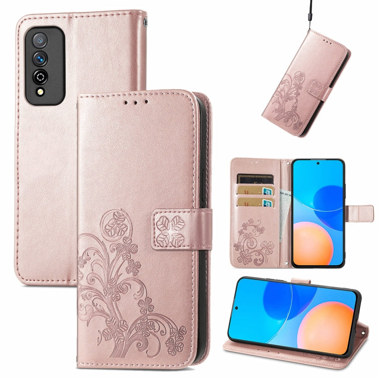 Rose pink leather wallet phone case with embossed floral pattern, card slots, lanyard, stand
