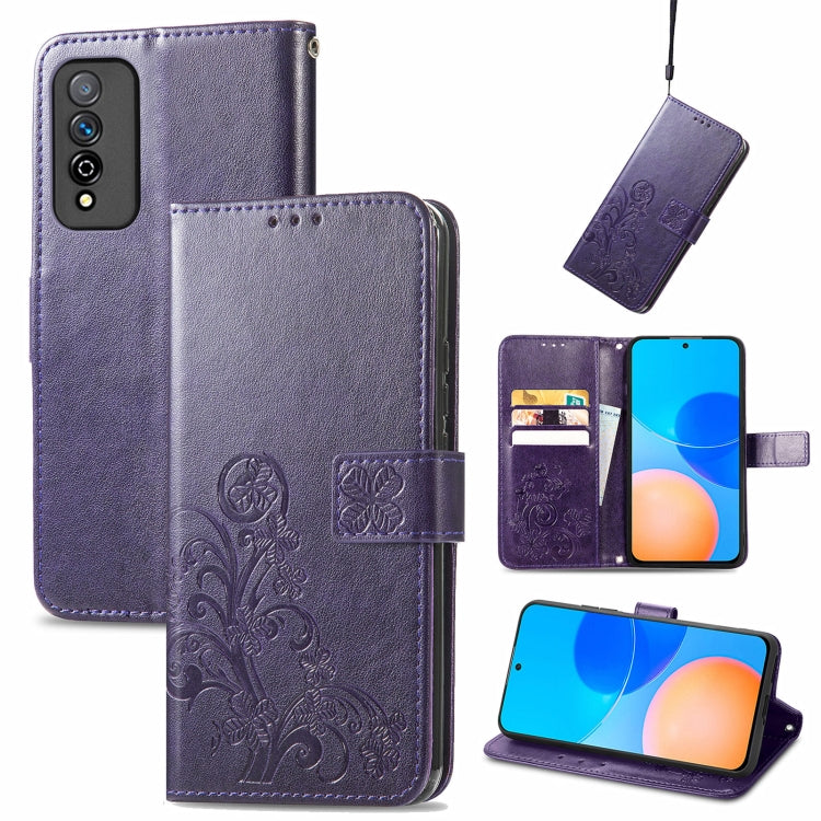 Purple embossed floral leather wallet phone case with lanyard, card slot, clasp, bracket.