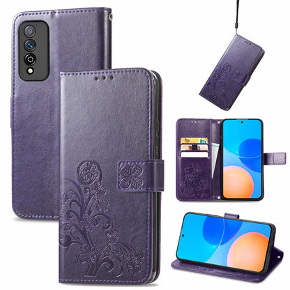 Purple embossed floral leather wallet phone case with lanyard, card slot, clasp, bracket.