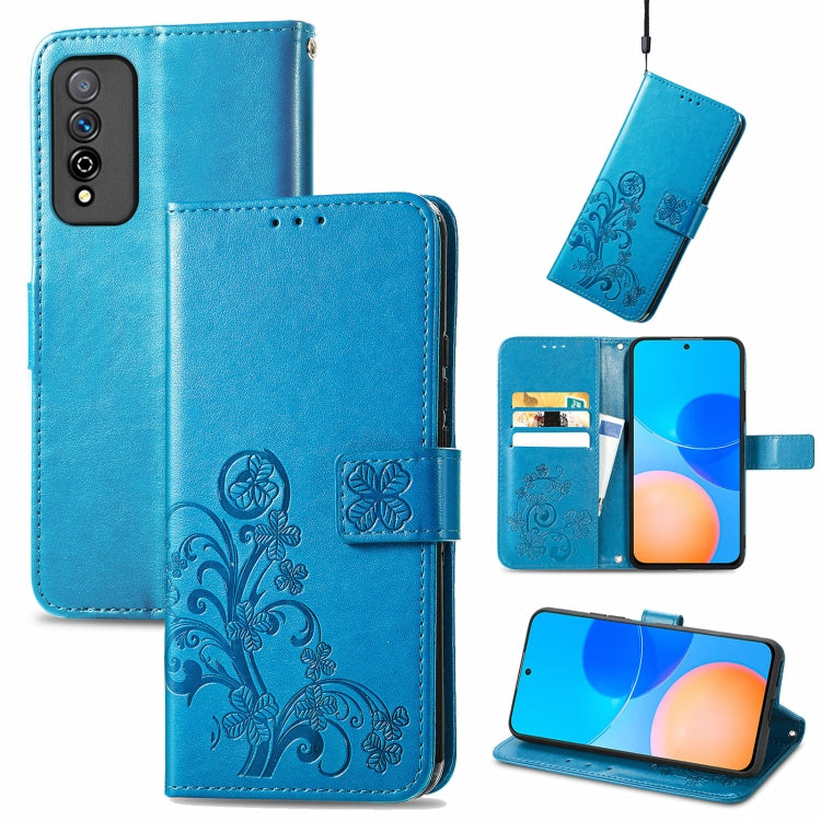 Blue embossed floral leather wallet phone case with lanyard, card slot, clasp, bracket.