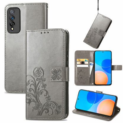 Gray embossed floral leather wallet phone case with lanyard, card slot, clasp, bracket.