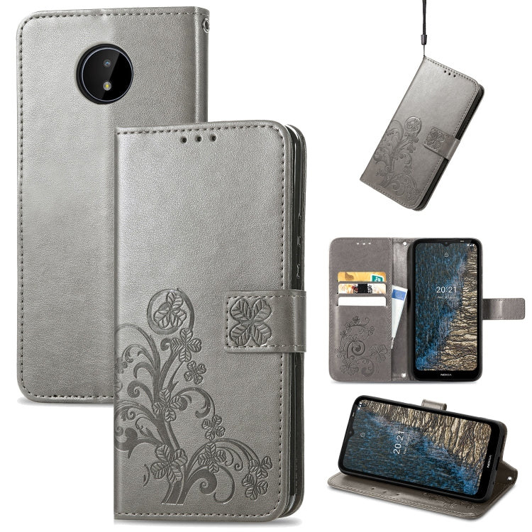 Gray leather wallet phone case with embossed floral pattern, card slots, lanyard, stand