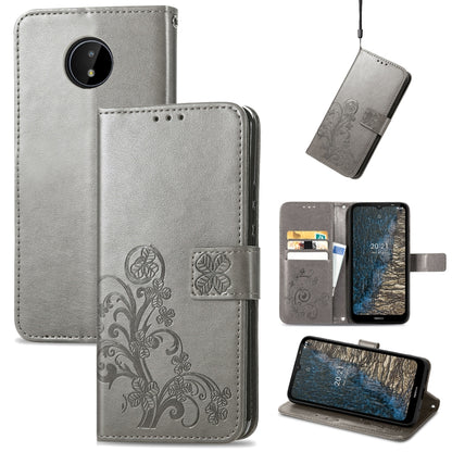 Gray leather wallet phone case with embossed floral pattern, card slots, lanyard, stand