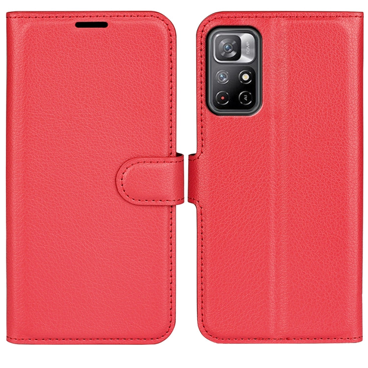 Red horizontal flip wallet phone case with card holder tab and camera cutout