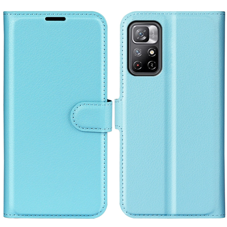 Light blue horizontal flip phone case with card slots, camera cutout, faux leather