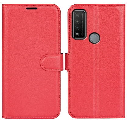Red textured flip phone case with folio flap and camera cutout