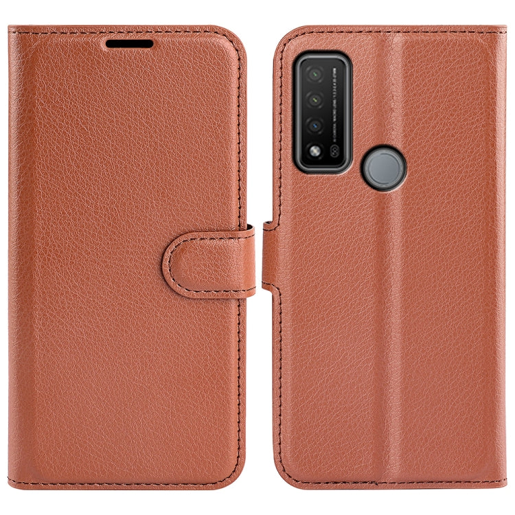 Brown textured flip phone case with folio flap and camera cutout