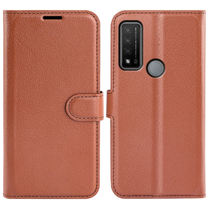 Brown textured flip phone case with folio flap and camera cutout