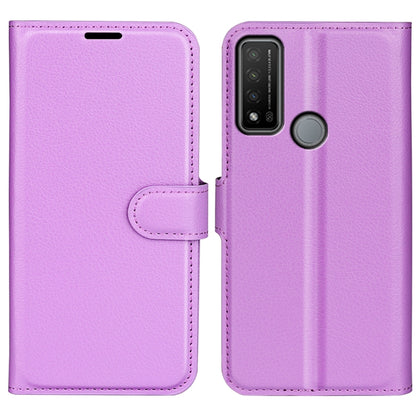 Litchi-texture flip phone case for TCL 20 R 5G, purple with side strap and camera cutout