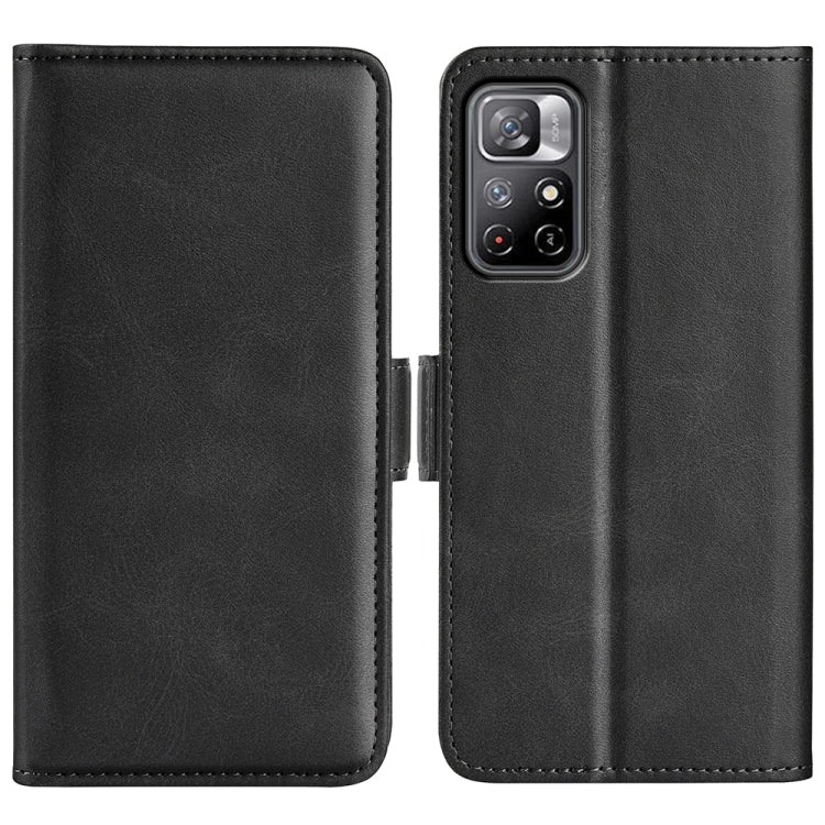 Black leather flip phone case with magnetic closure and cutout for rear camera