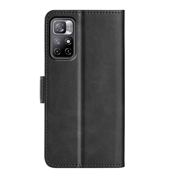 Black leather flip phone case with rear camera cutout and foldover strap