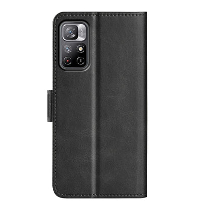 Black leather flip phone case with rear camera cutout and foldover strap