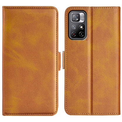Tan leather flip phone case with magnetic closure and rear camera cutout