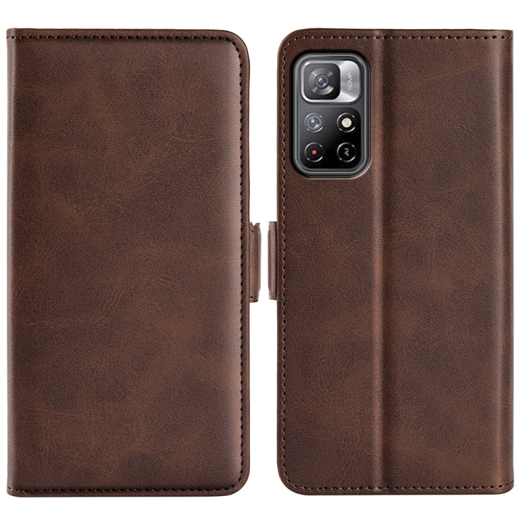 Brown leather flip phone case with magnetic closure and camera access