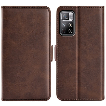 Brown leather flip phone case with magnetic closure and camera access