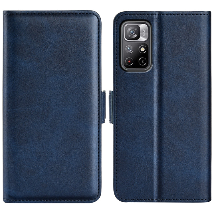 Dark blue leather flip phone case with magnetic closure and rear camera cutout