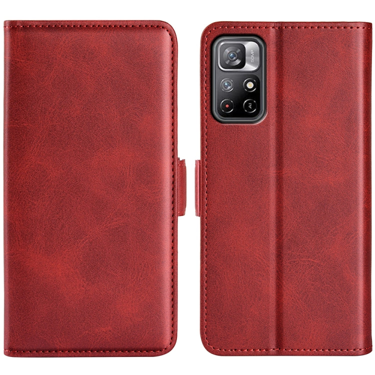 Red leather flip phone case with magnetic closure and rear camera cutout