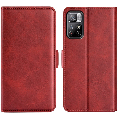 Red leather flip phone case with magnetic closure and rear camera cutout