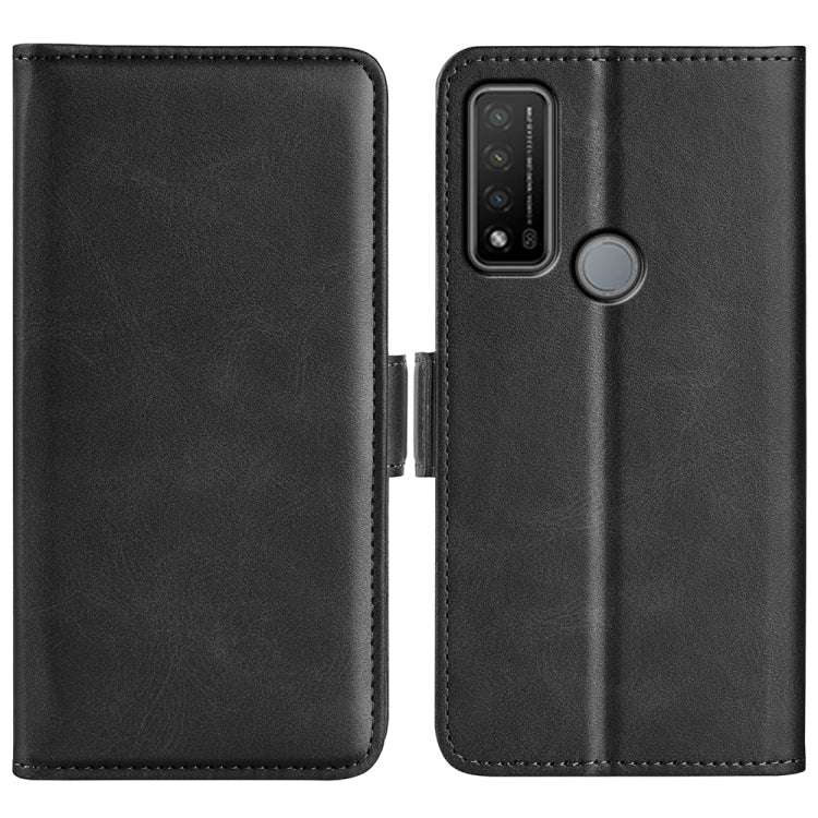 Black leather flip phone case with magnetic buckle and card slots, wallet style