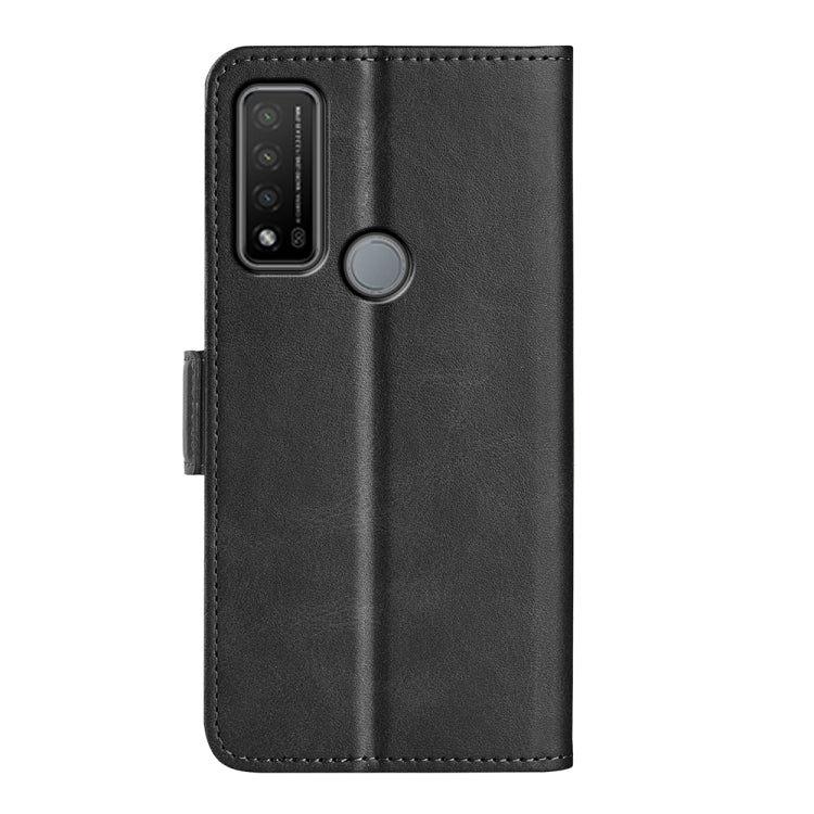 Black leather flip phone case with camera cutout and magnetic closure