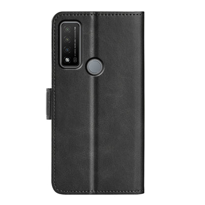 Black leather flip phone case with camera cutout and magnetic closure