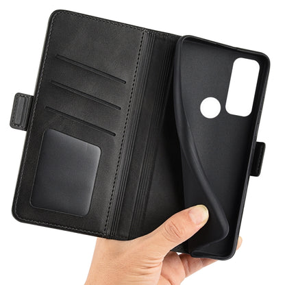 Black leather flip phone case open to card slots and phone holder