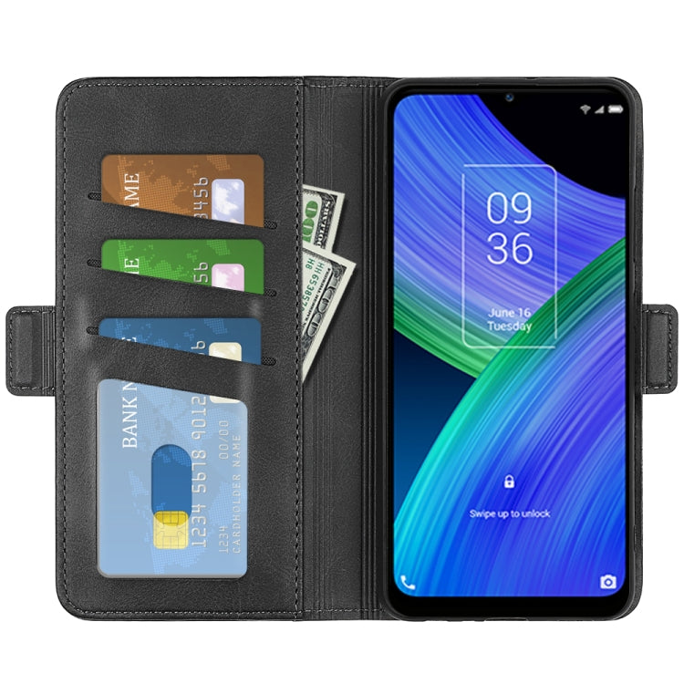 Black leather flip phone case wallet with multiple card slots and phone screen