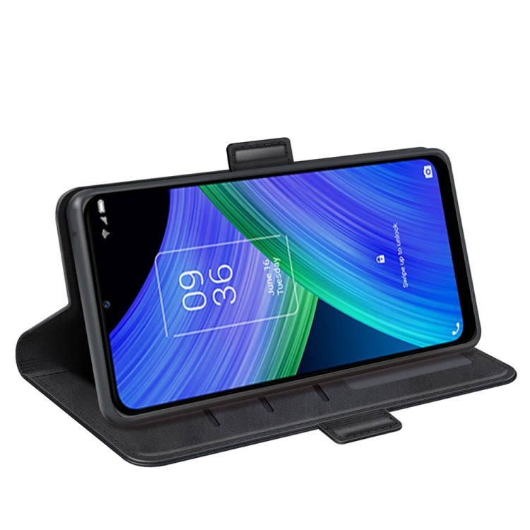 Black leather flip phone case with magnetic stand for viewing, phone inside