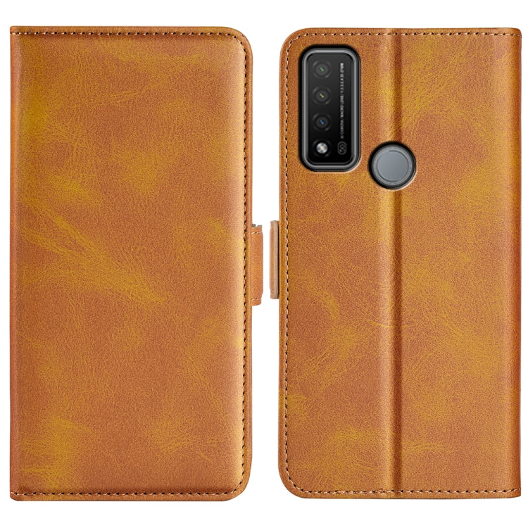 Tan leather flip phone case with magnetic buckle and camera cutout