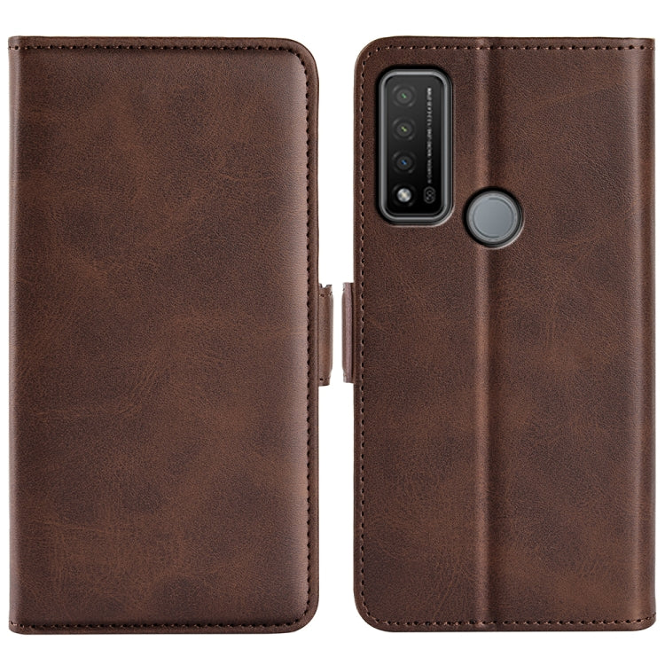 Brown leather flip phone case with magnetic buckle and camera cutout