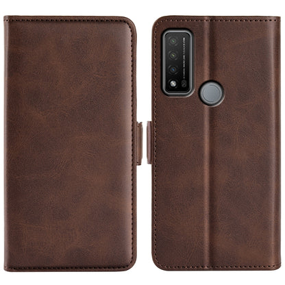 Brown leather flip phone case with magnetic buckle and camera cutout